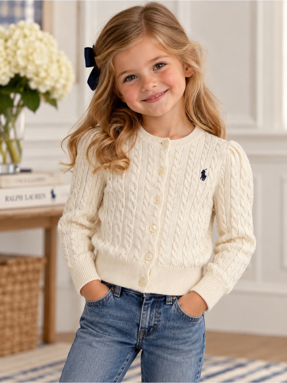 Ralph Lauren Size 5 Girls' Cream Cable Knit Cardigan with Navy Pony